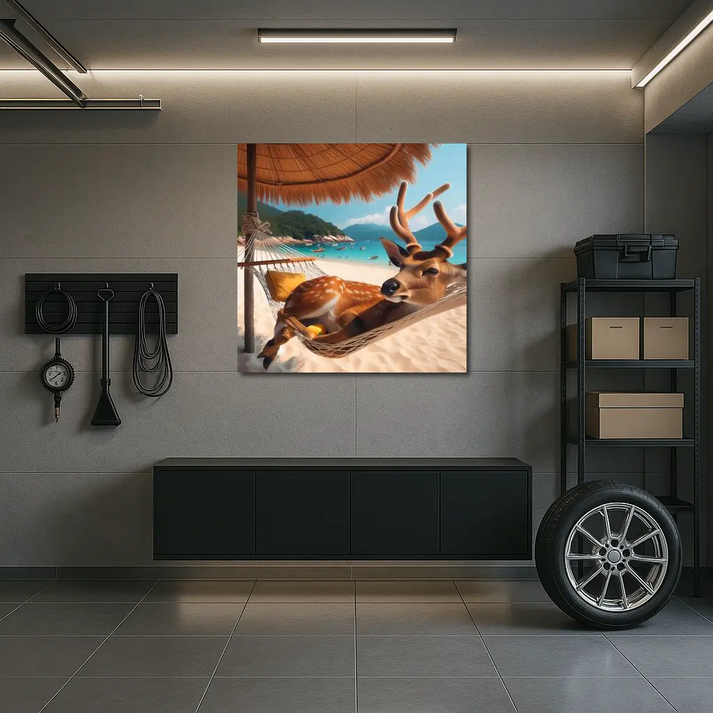 Deer Relaxing in Hammock on Tropical Beach – Wall Art