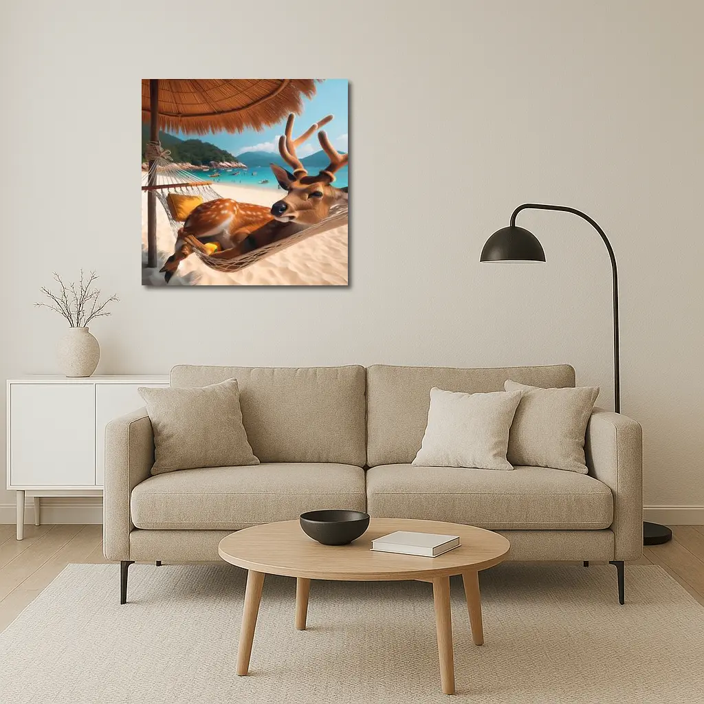 Deer Relaxing in Hammock on Tropical Beach – Wall Art