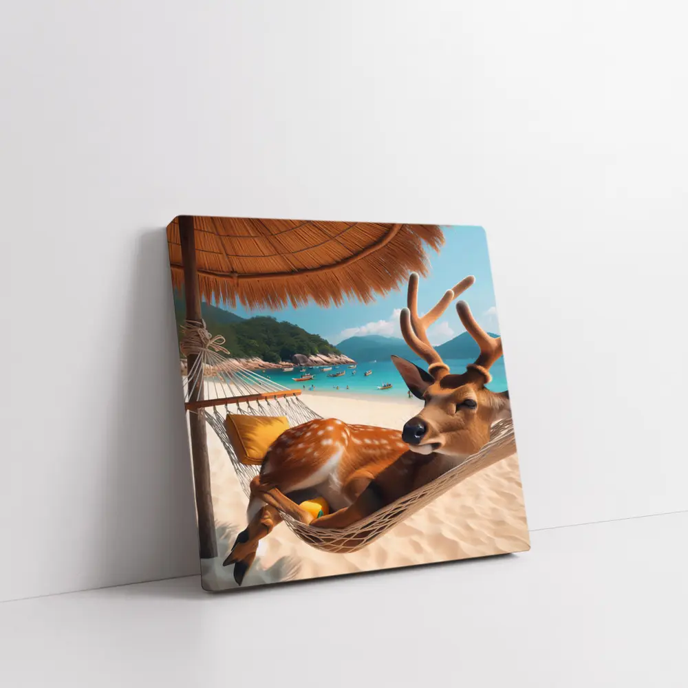 Deer Relaxing in Hammock on Tropical Beach – Wall Art