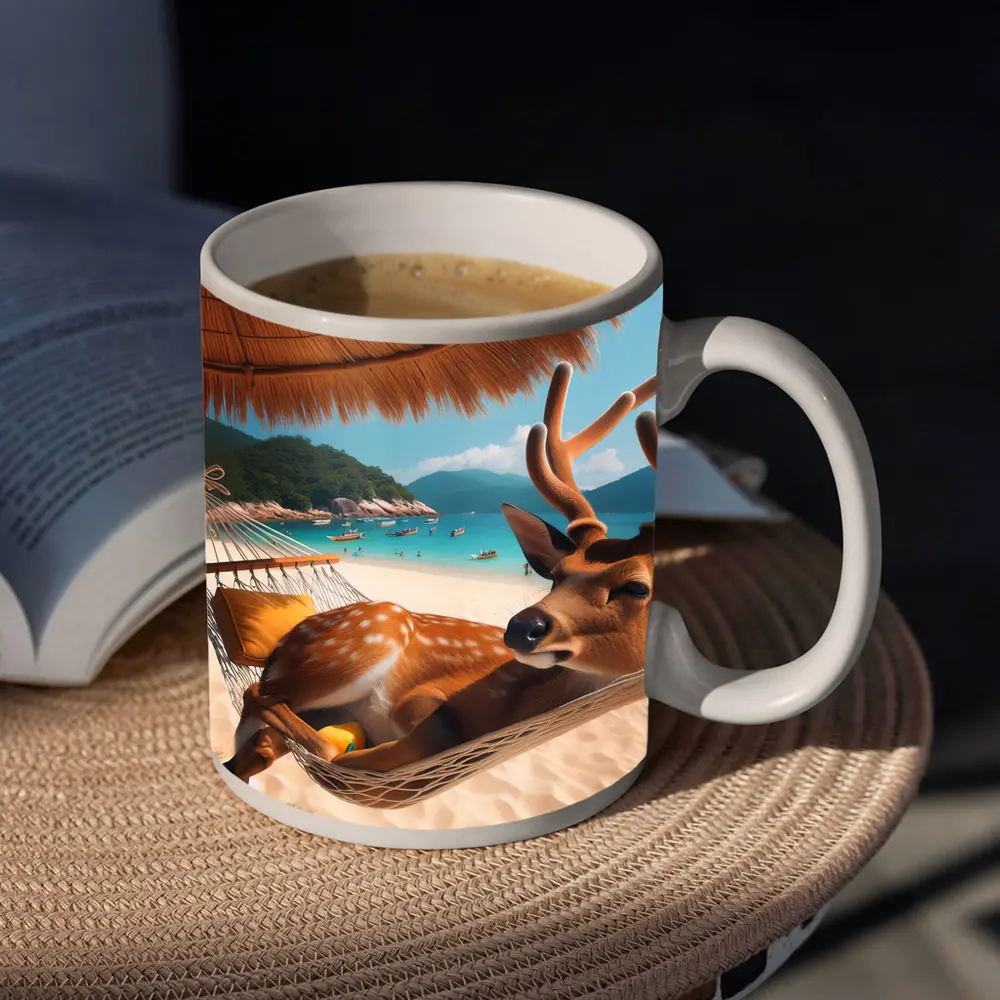 Deer Relaxing in Hammock on Tropical Beach – Mugs