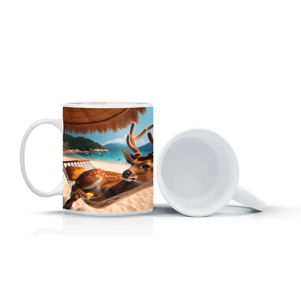 Deer Relaxing in Hammock on Tropical Beach – Mugs