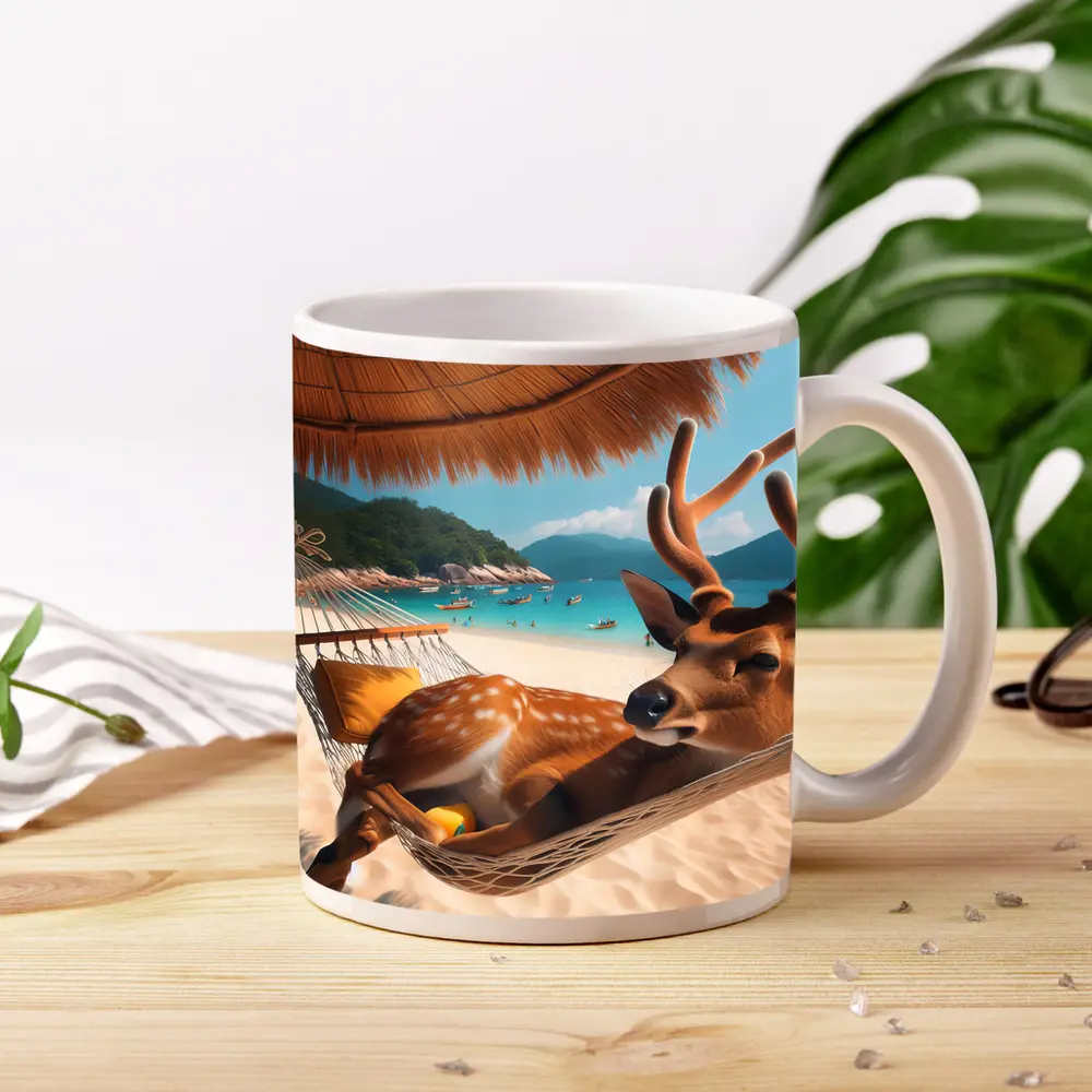 Deer Relaxing in Hammock on Tropical Beach – Mugs