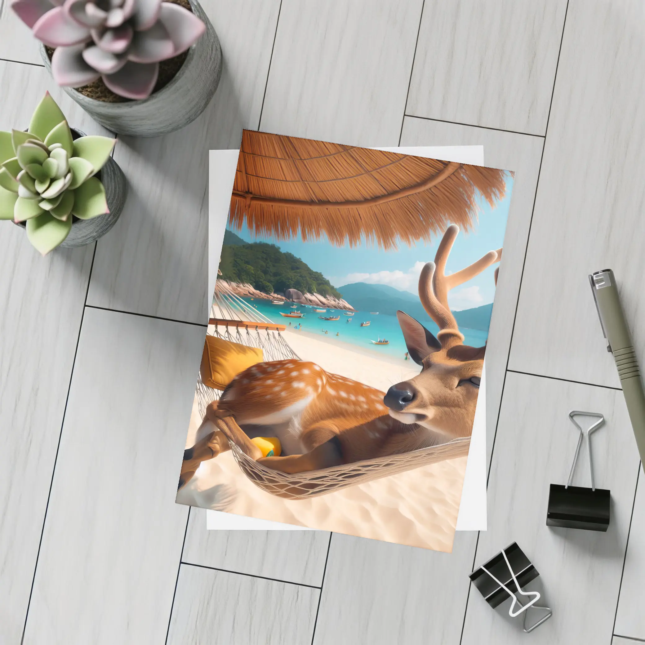 Deer Relaxing in Hammock on Tropical Beach – Postcards