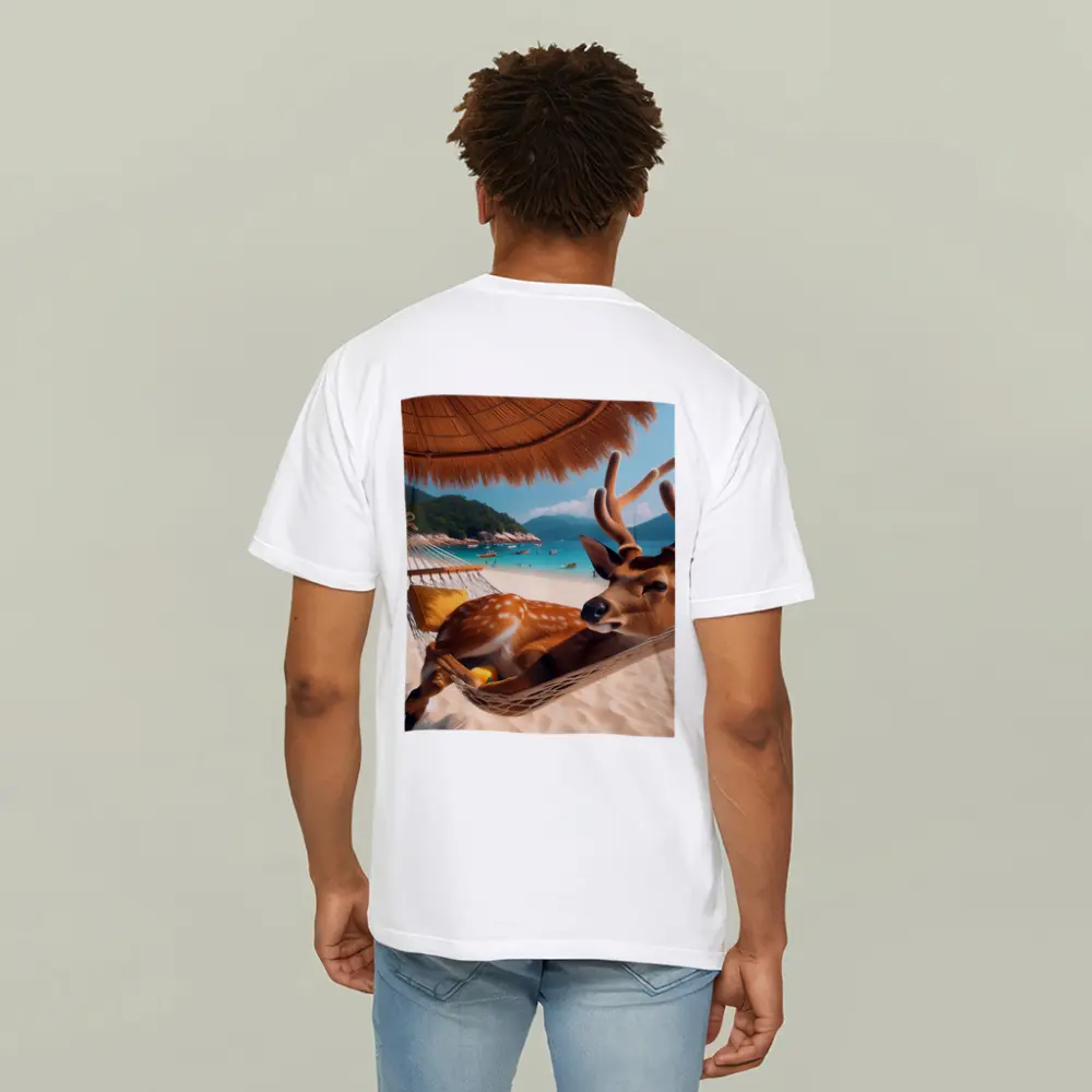Deer Relaxing in Hammock on Tropical Beach – T-Shirts