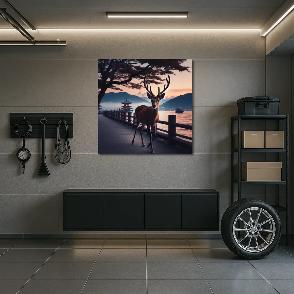 Deer on Japanese Pagoda Waterfront at Dusk – Wall Art