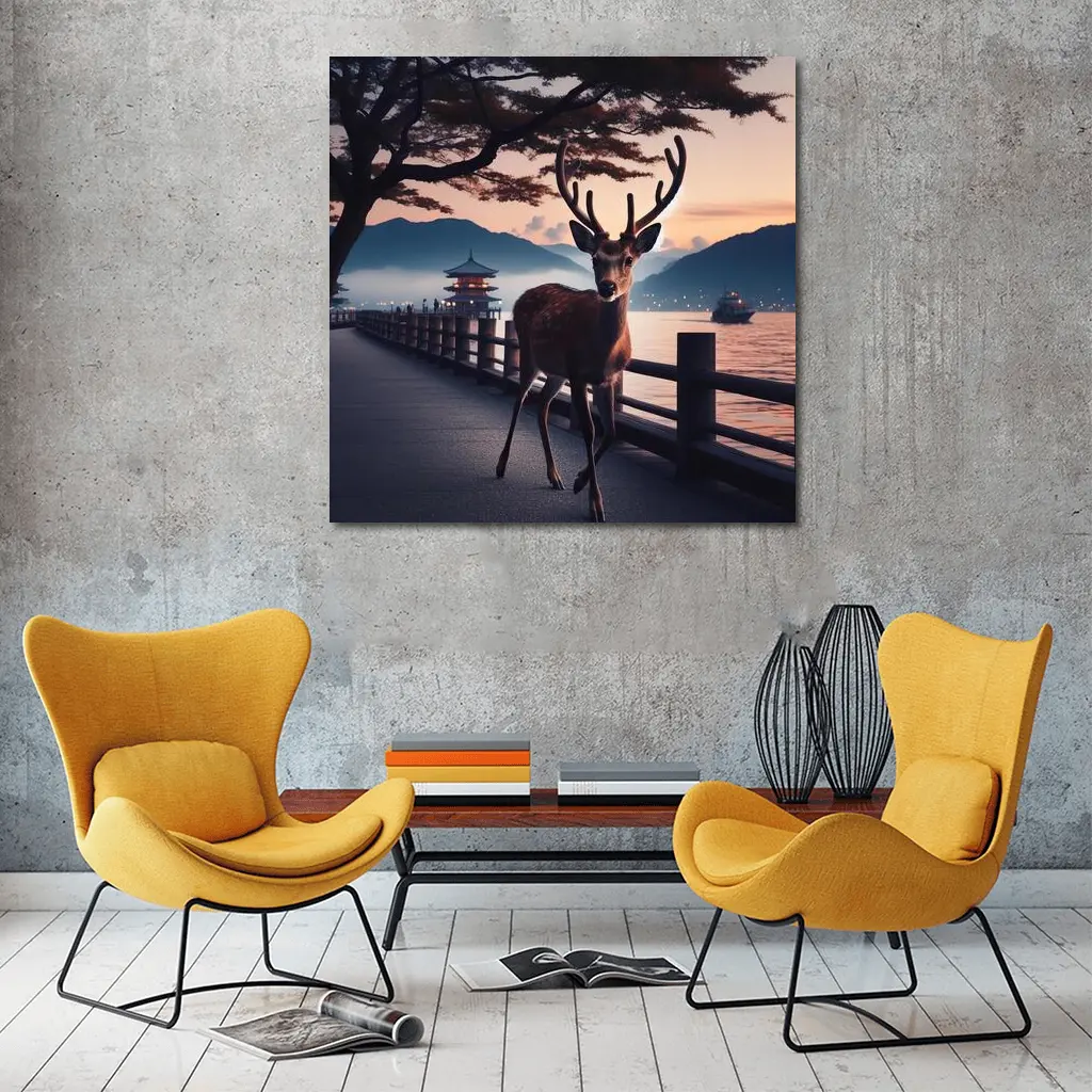 Deer on Japanese Pagoda Waterfront at Dusk – Wall Art