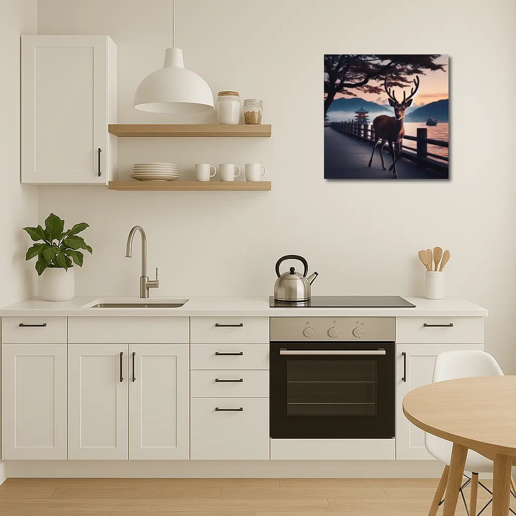 Deer on Japanese Pagoda Waterfront at Dusk – Wall Art
