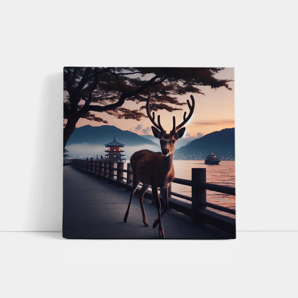 Deer on Japanese Pagoda Waterfront at Dusk – Wall Art