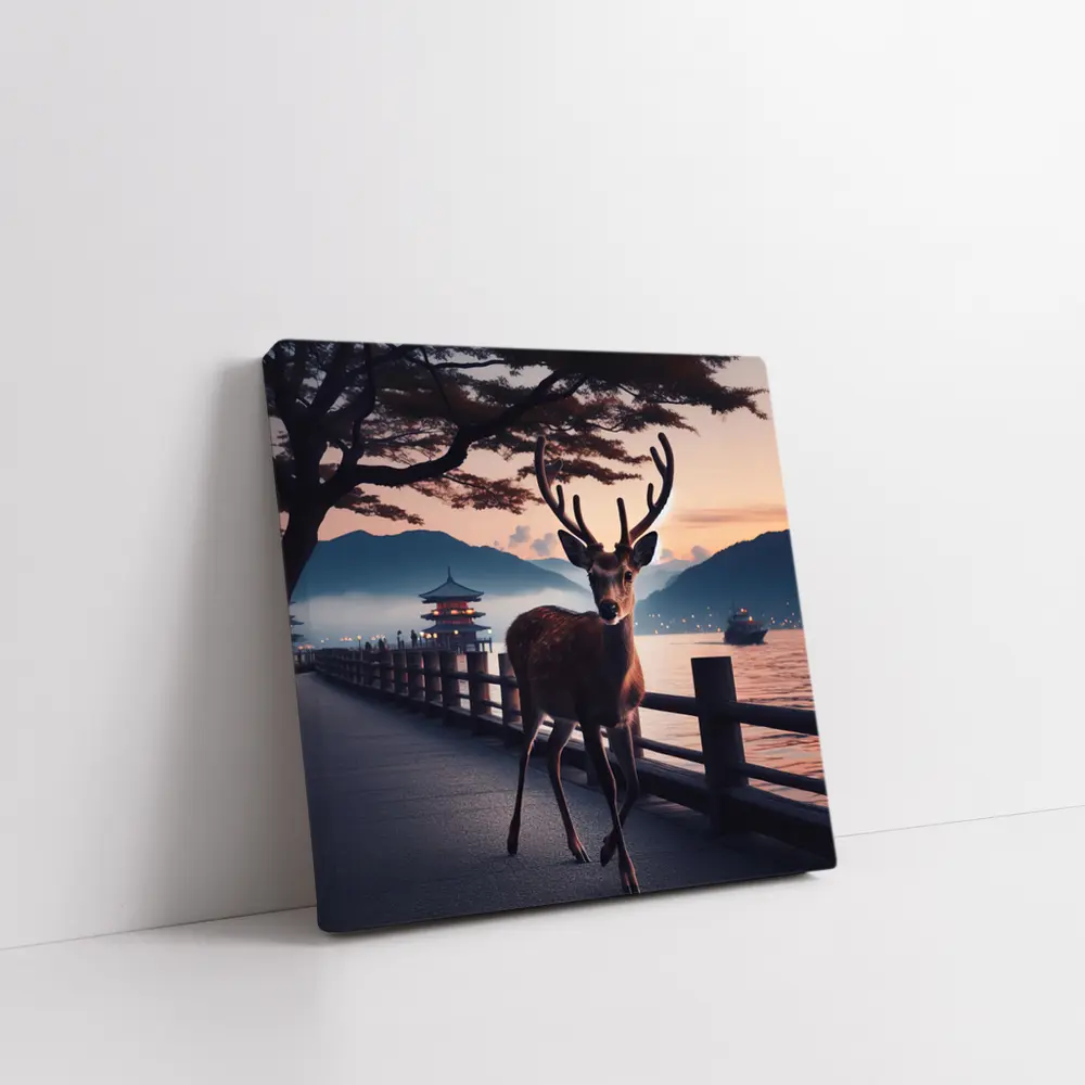 Deer on Japanese Pagoda Waterfront at Dusk – Wall Art