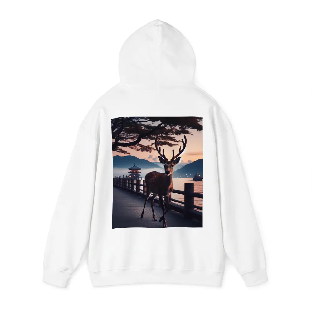 Deer on Japanese Pagoda Waterfront at Dusk – Hoodies