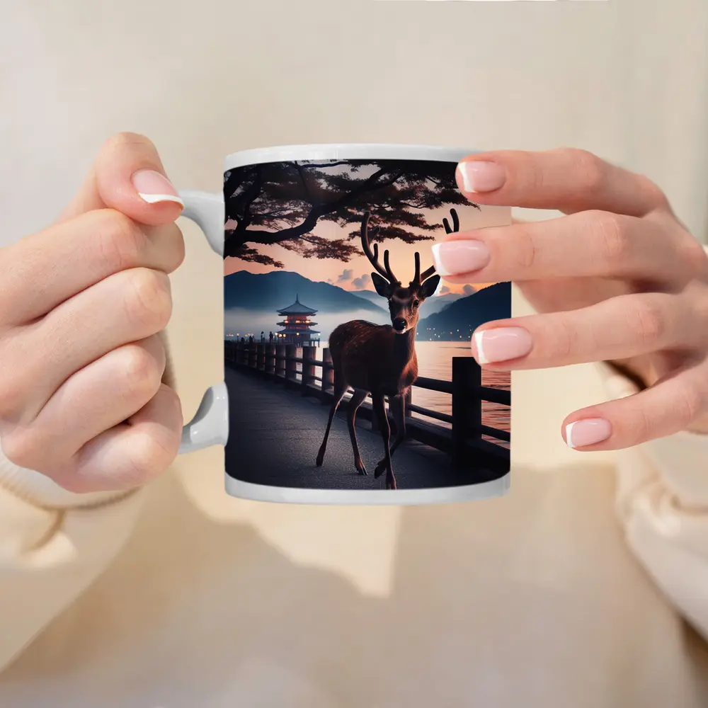 Deer on Japanese Pagoda Waterfront at Dusk – Mugs