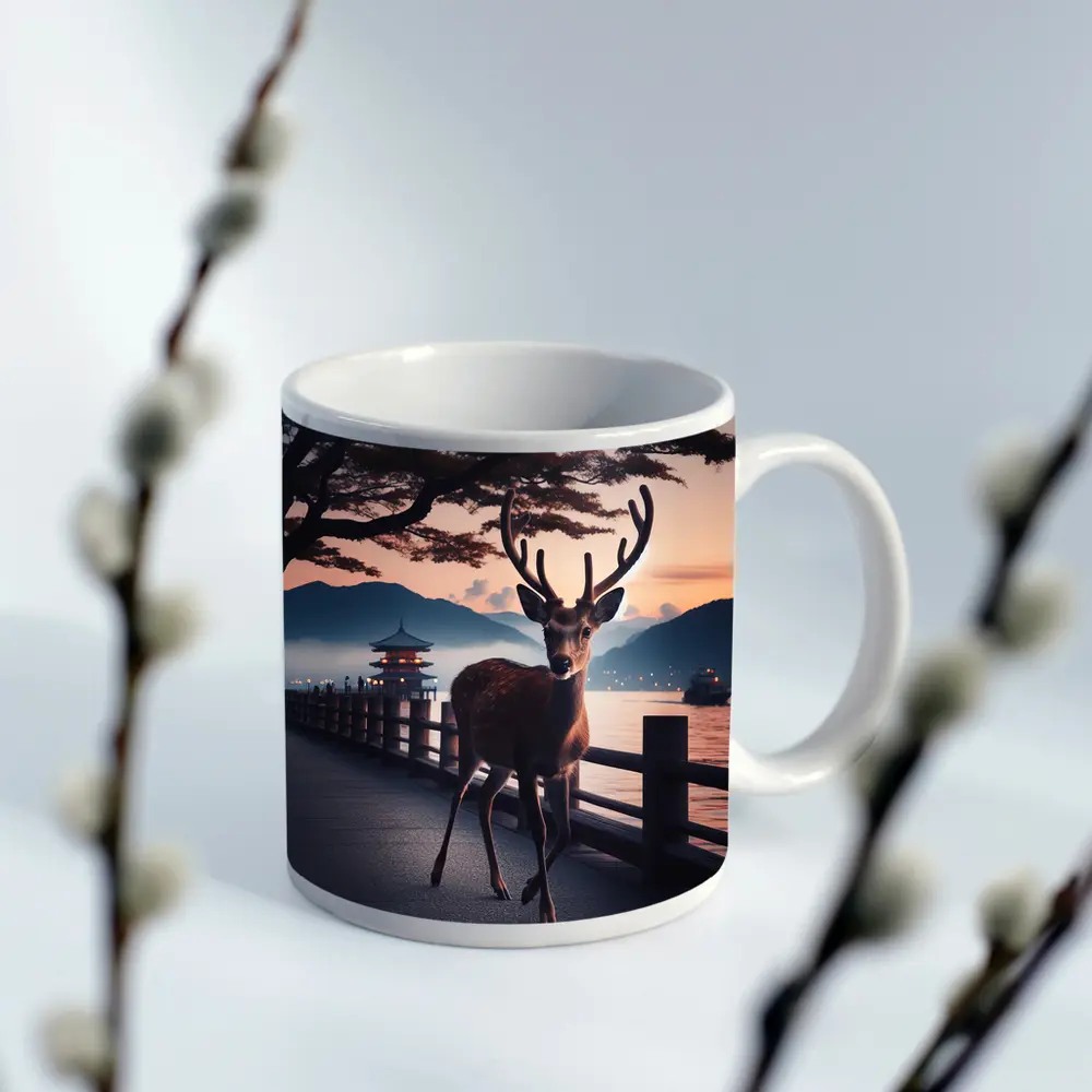 Deer on Japanese Pagoda Waterfront at Dusk – Mugs