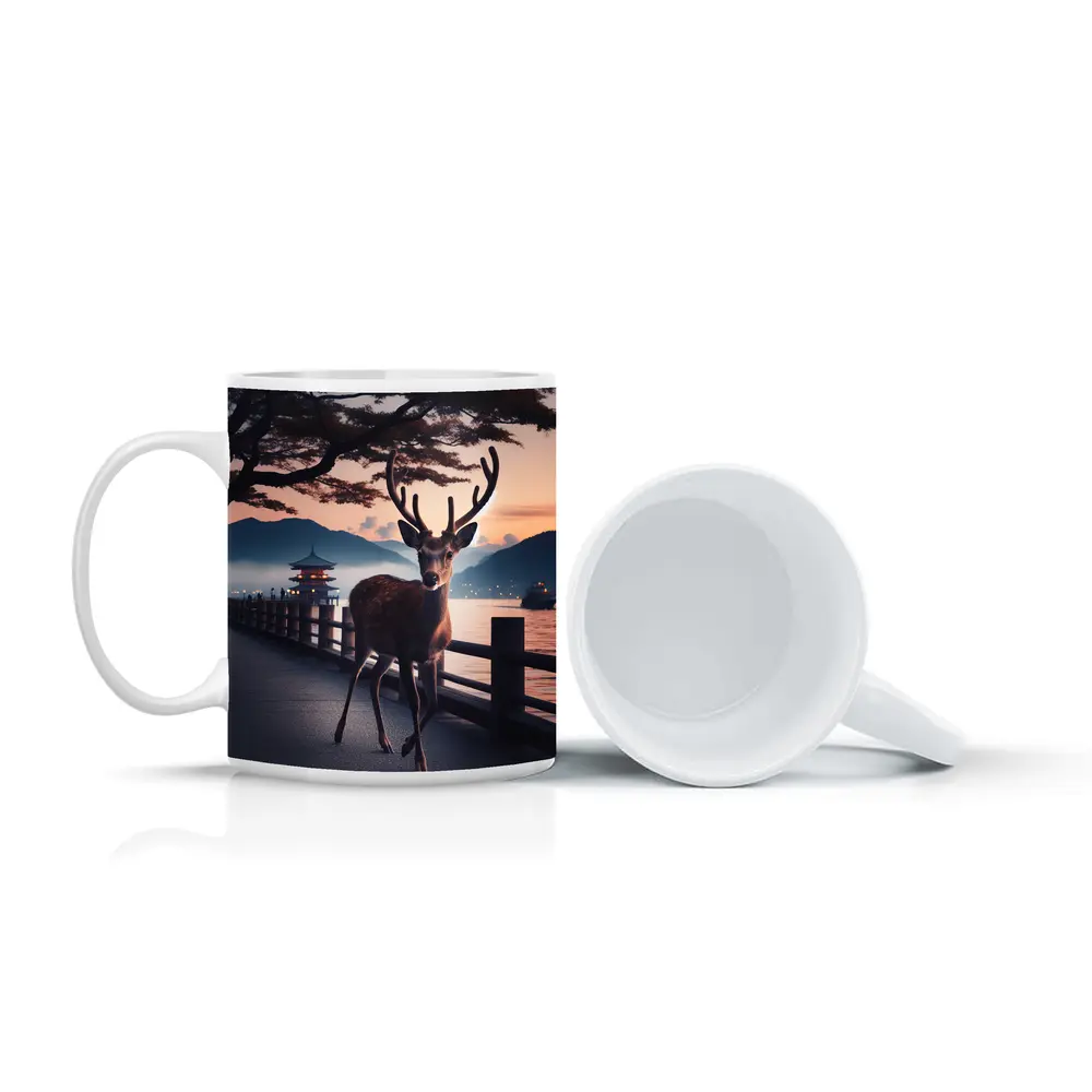 Deer on Japanese Pagoda Waterfront at Dusk – Mugs