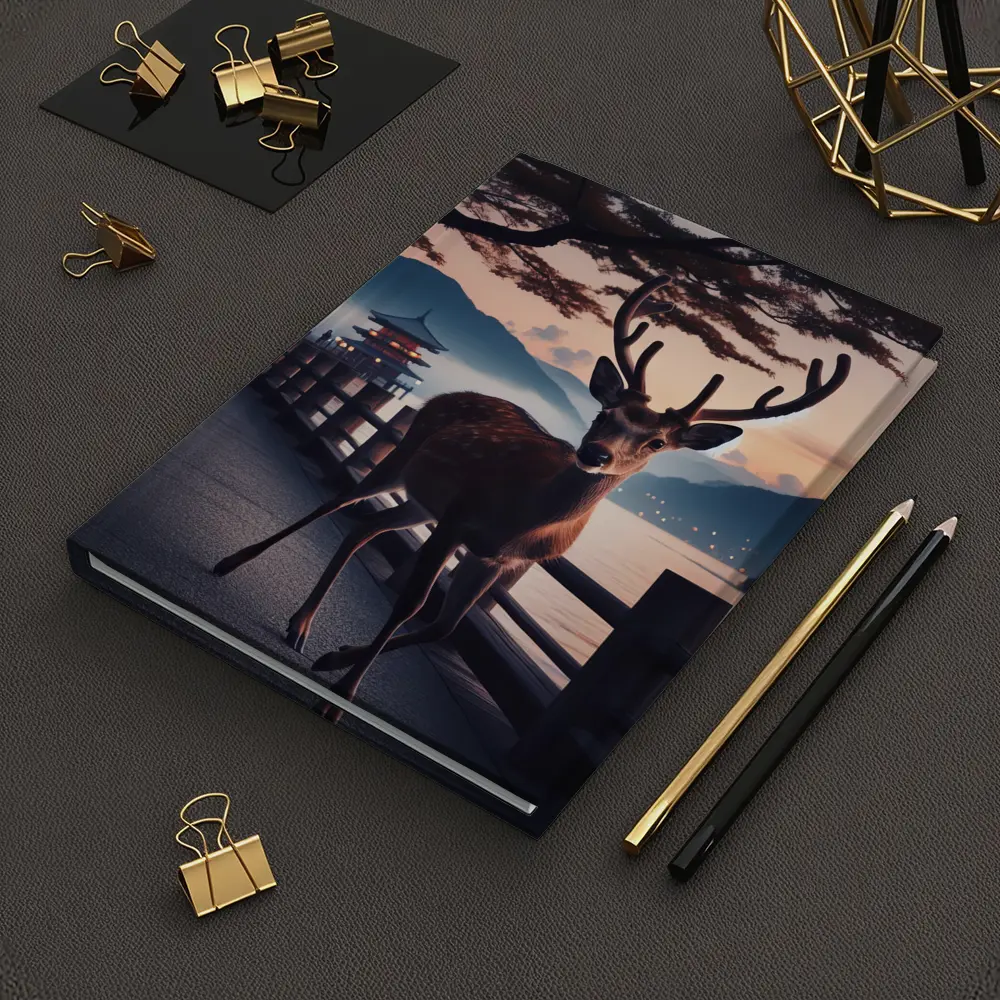 Deer on Japanese Pagoda Waterfront at Dusk – Notebooks