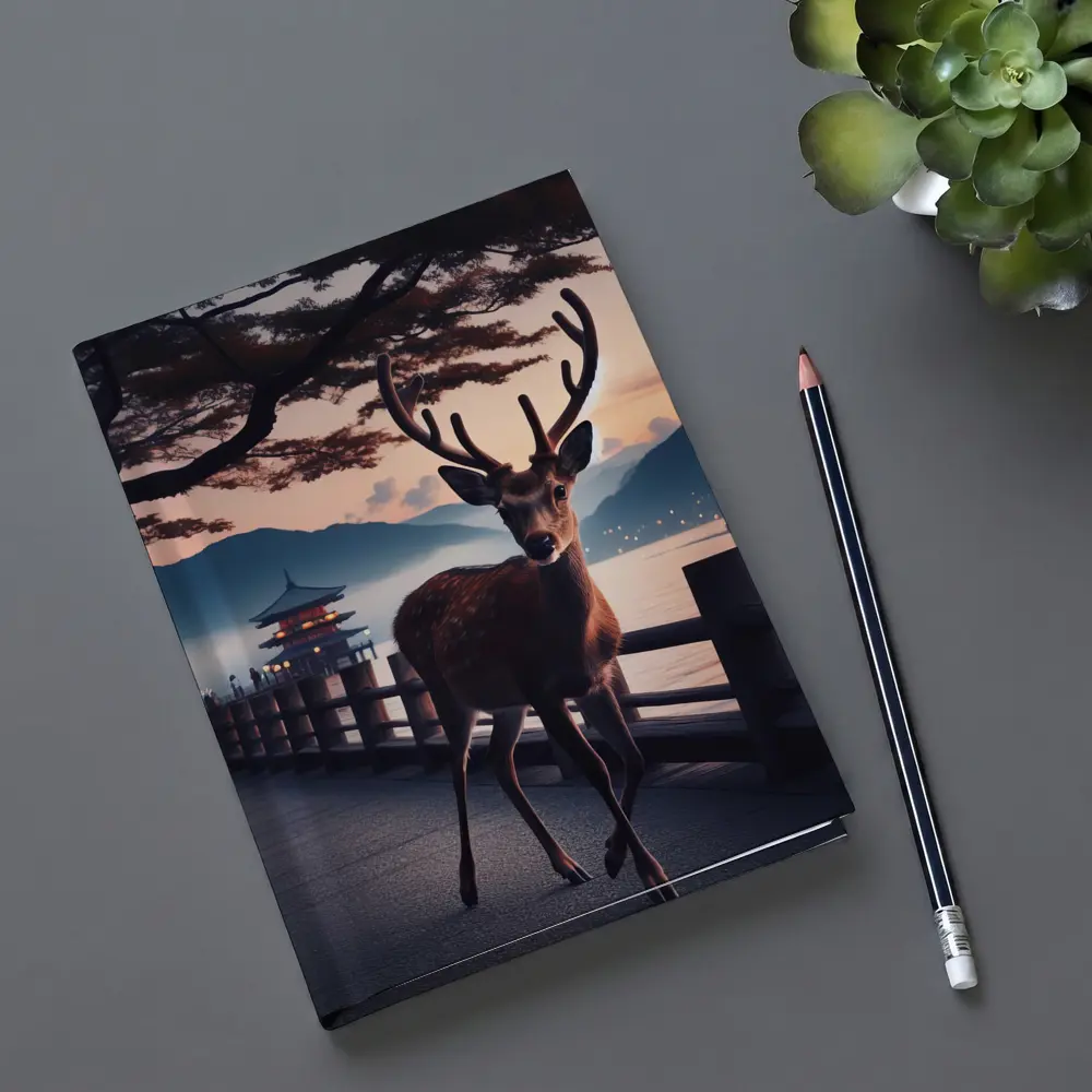 Deer on Japanese Pagoda Waterfront at Dusk – Notebooks
