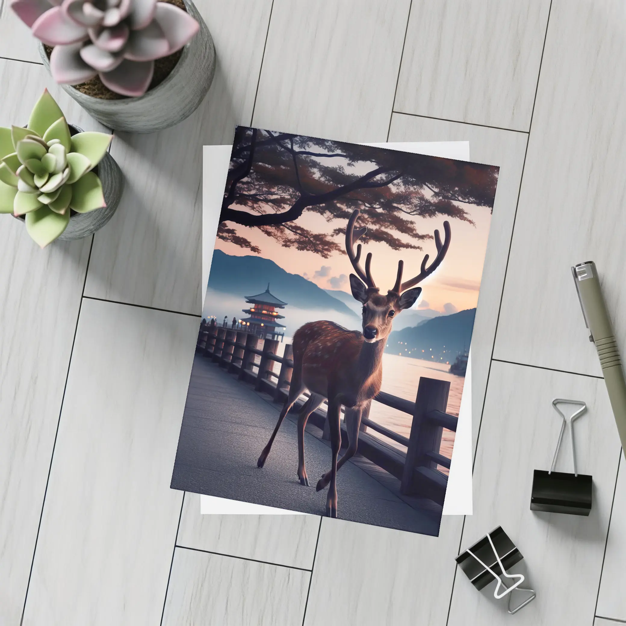 Deer on Japanese Pagoda Waterfront at Dusk – Postcards
