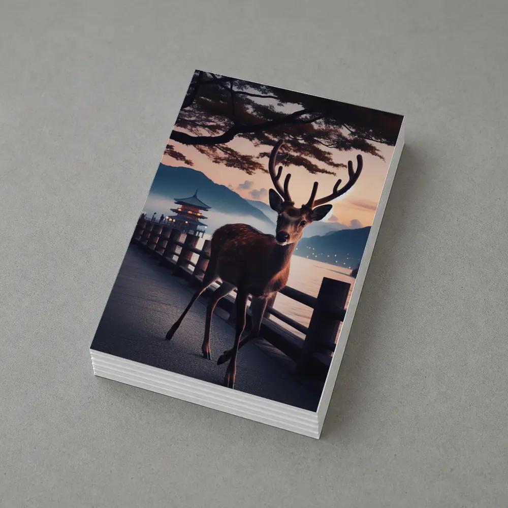 Deer on Japanese Pagoda Waterfront at Dusk – Postcards