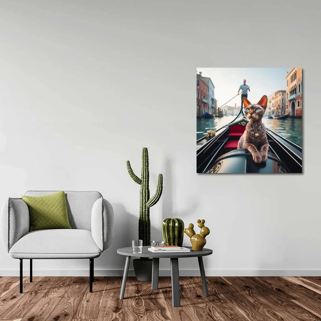 Devon Rex Cat Riding Venice Gondola Canal – Wall Art