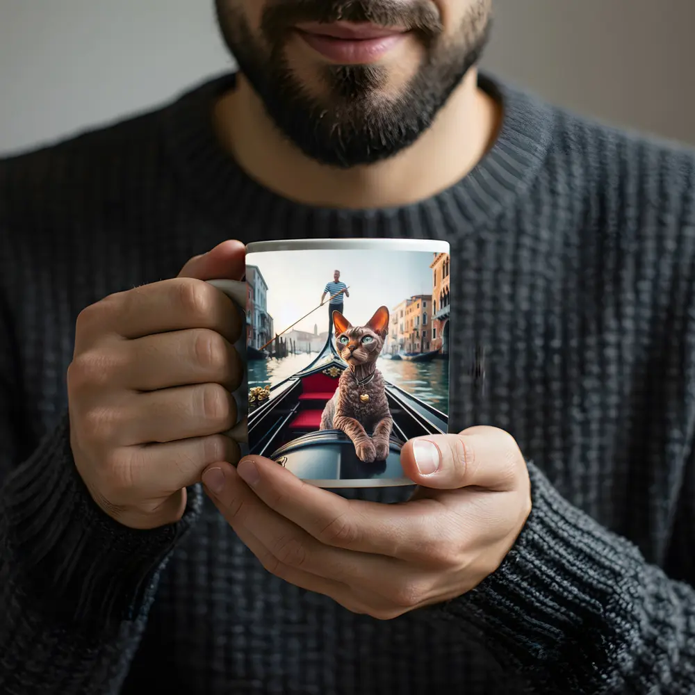 Devon Rex Cat Riding Venice Gondola Canal – Mugs