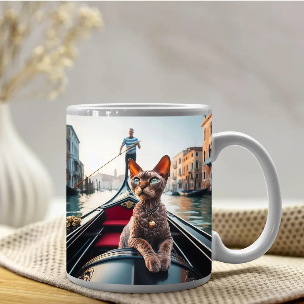 Devon Rex Cat Riding Venice Gondola Canal – Mugs