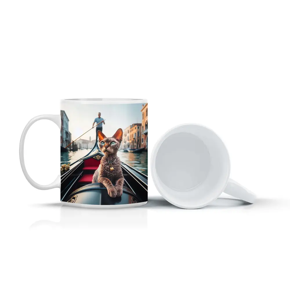 Devon Rex Cat Riding Venice Gondola Canal – Mugs