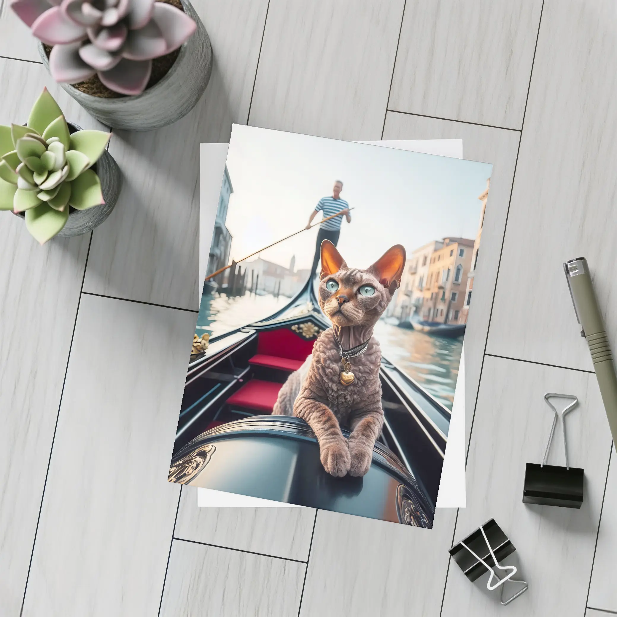 Devon Rex Cat Riding Venice Gondola Canal – Postcards