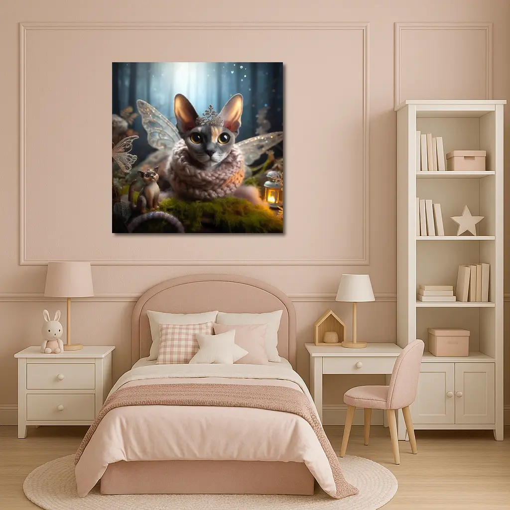 Sphynx Cat Fairy Wings Fantasy Forest Scene – Wall Art