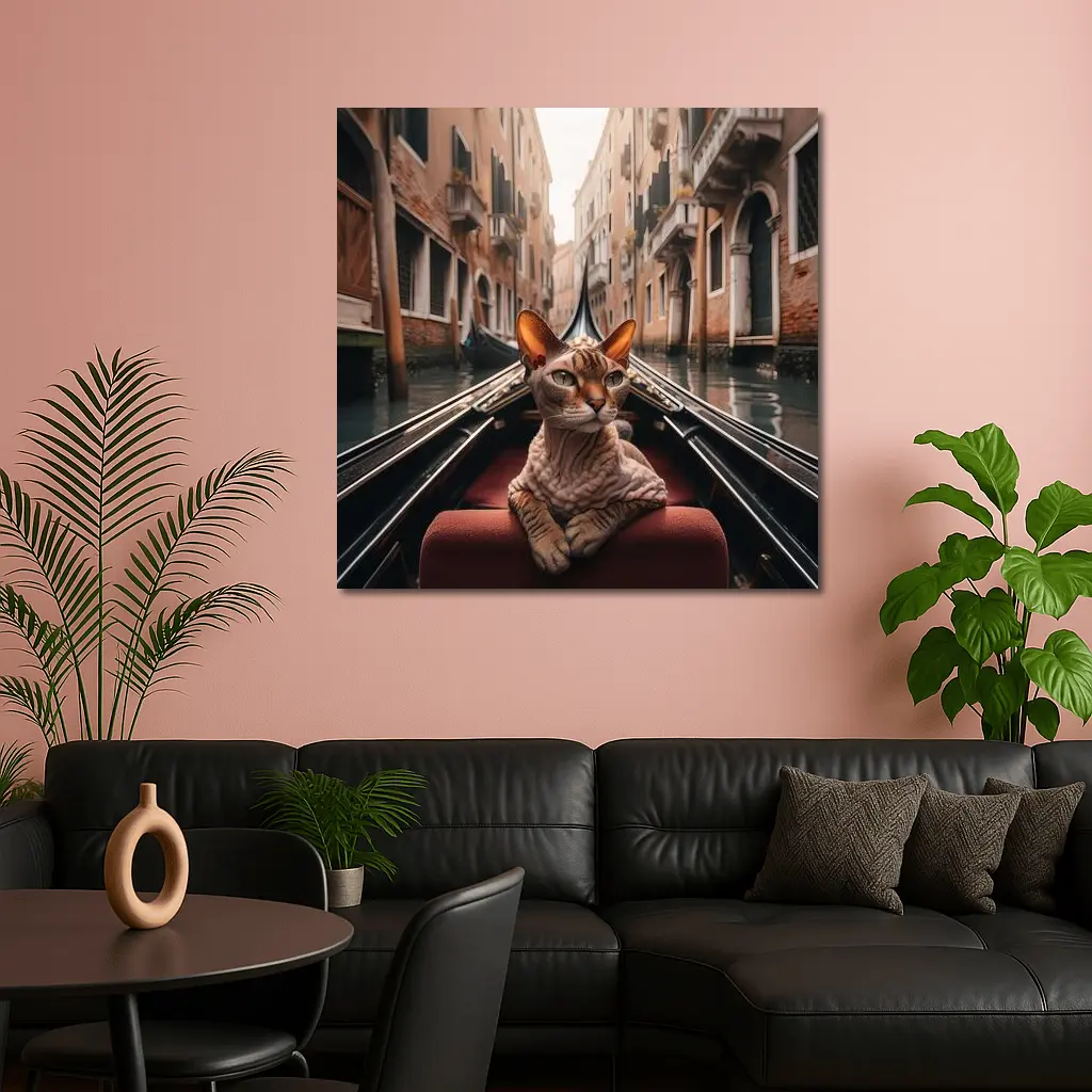 Devon Rex Cat Riding Venice Gondola Canal – Wall Art