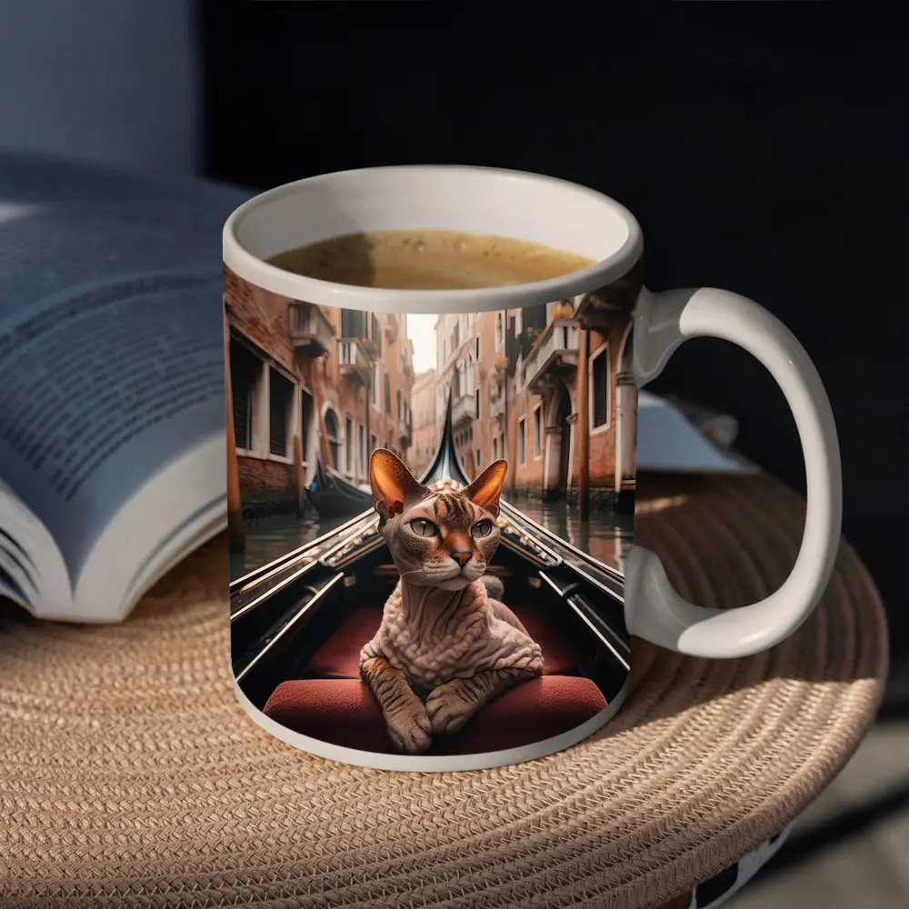 Devon Rex Cat Riding Venice Gondola Canal – Mugs