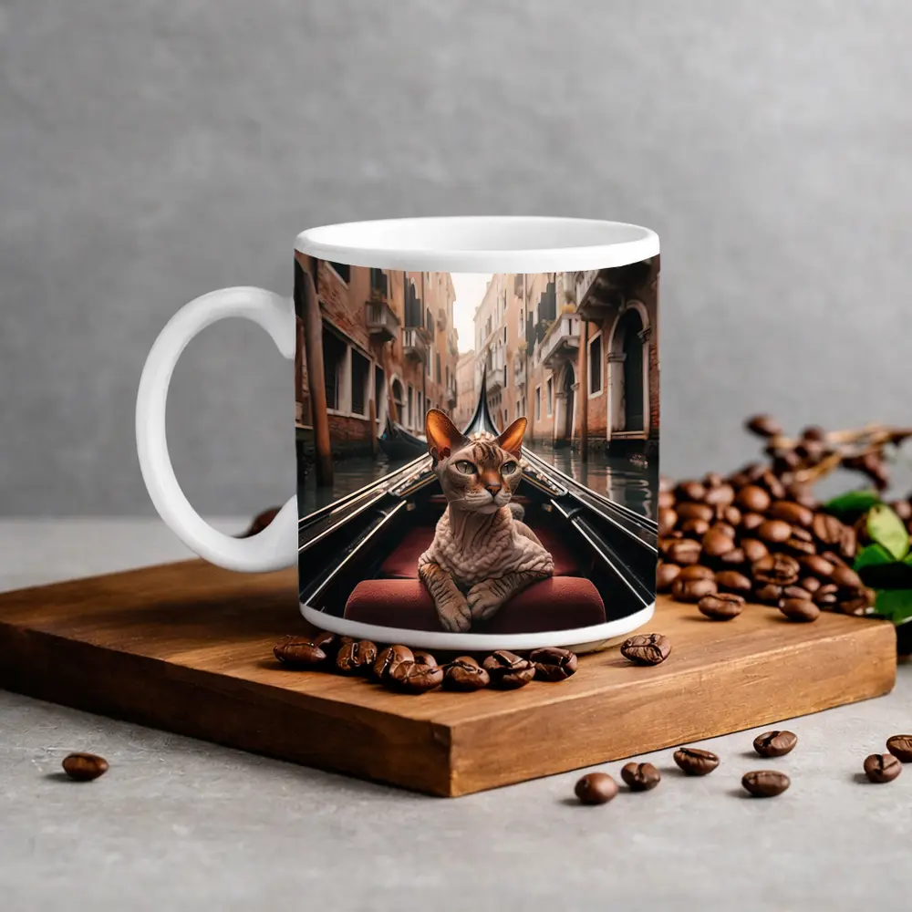 Devon Rex Cat Riding Venice Gondola Canal – Mugs