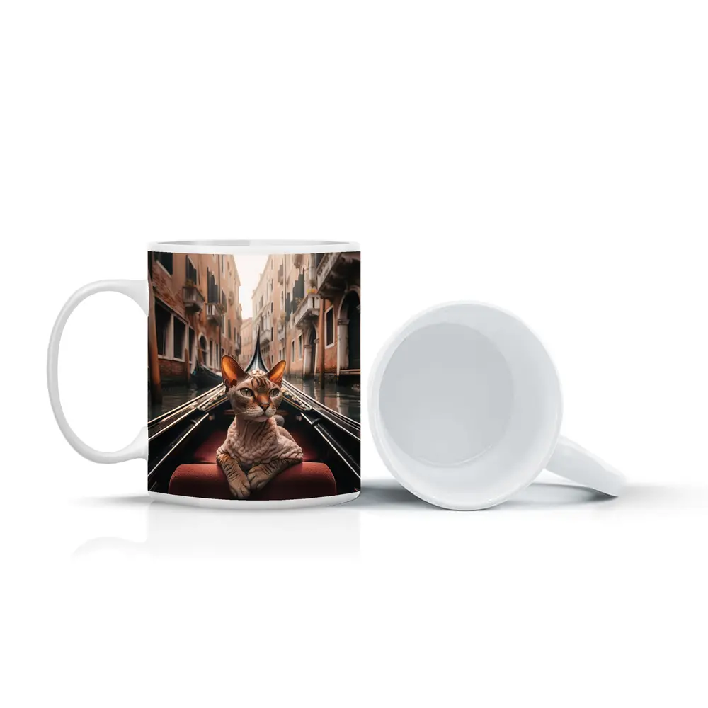 Devon Rex Cat Riding Venice Gondola Canal – Mugs