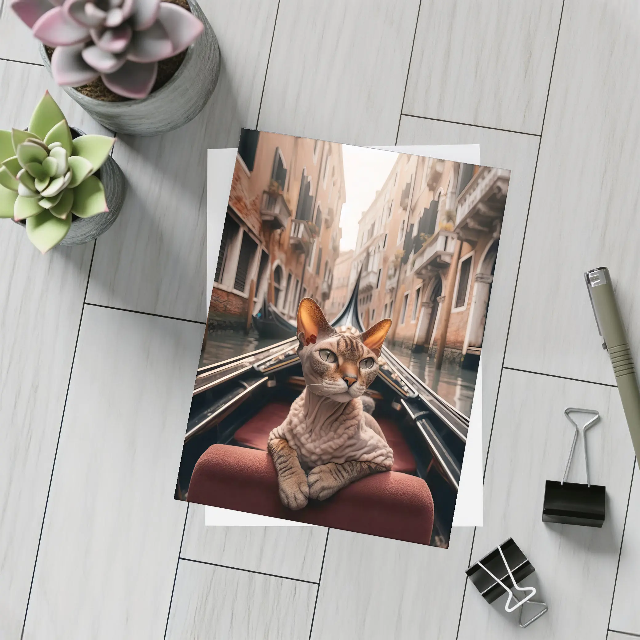 Devon Rex Cat Riding Venice Gondola Canal – Postcards