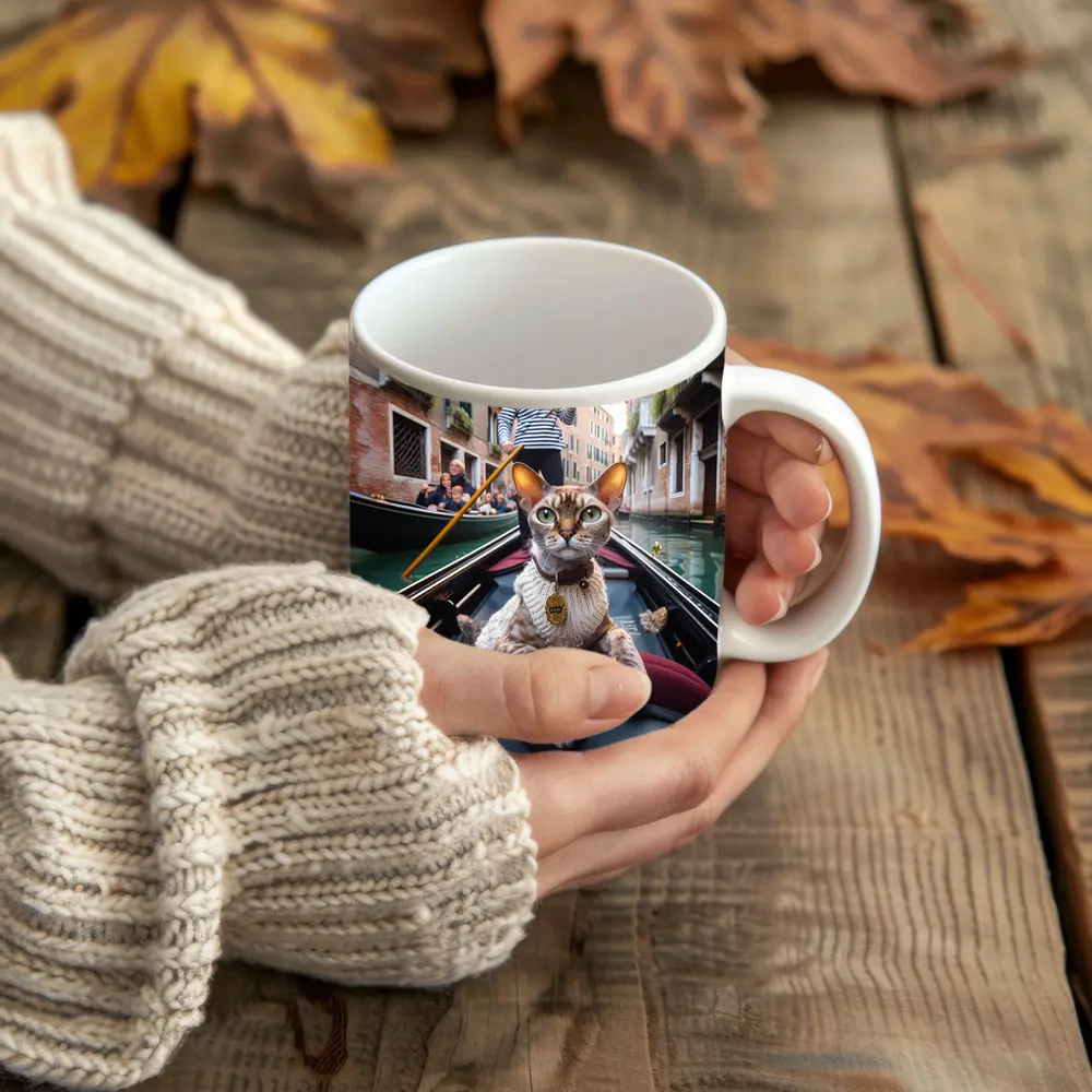 Devon Rex Cat Riding Venice Gondola – Mugs