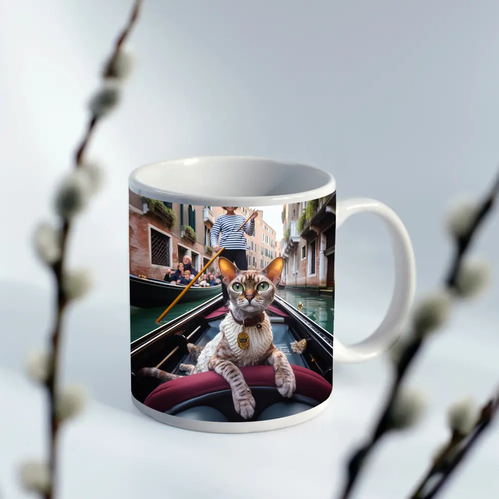 Devon Rex Cat Riding Venice Gondola – Mugs