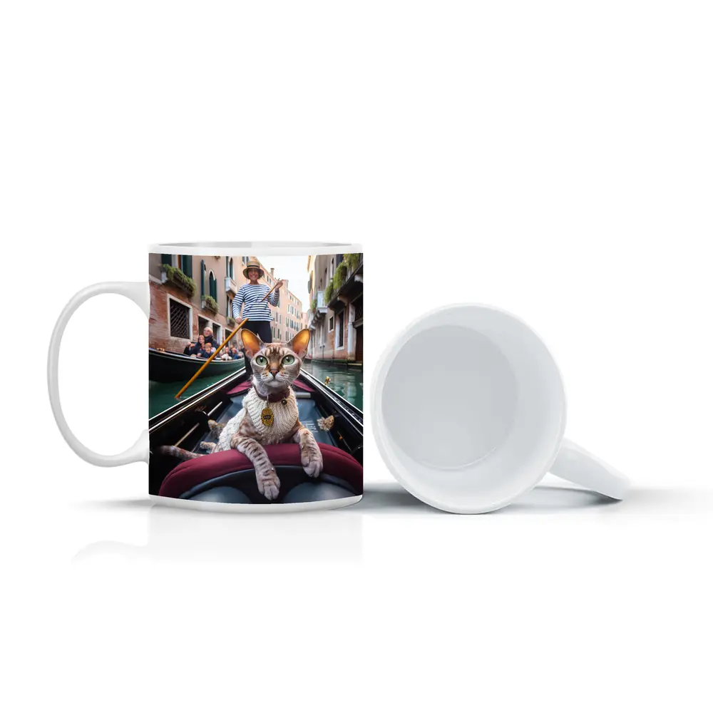 Devon Rex Cat Riding Venice Gondola – Mugs