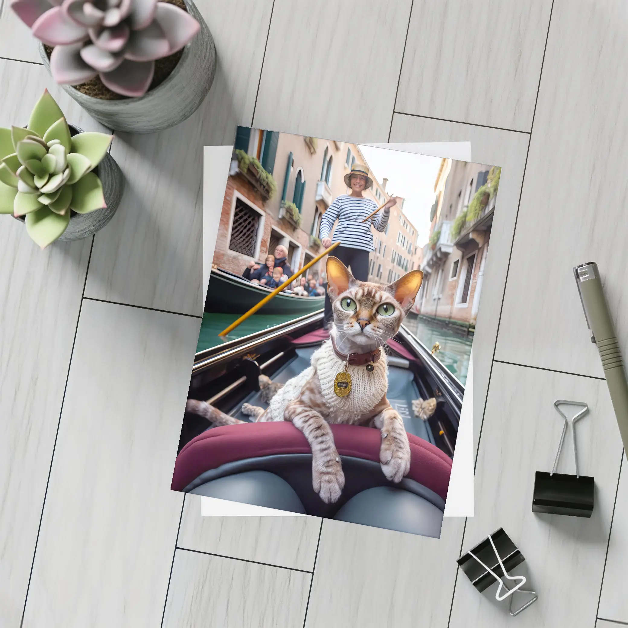 Devon Rex Cat Riding Venice Gondola – Postcards