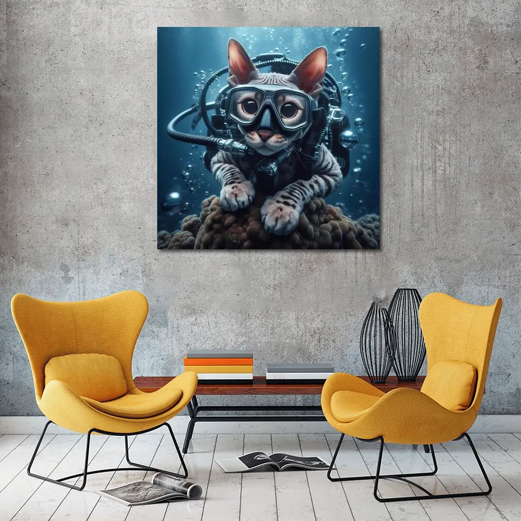 Sphynx Cat Scuba Diver Underwater Ocean Scene – Wall Art
