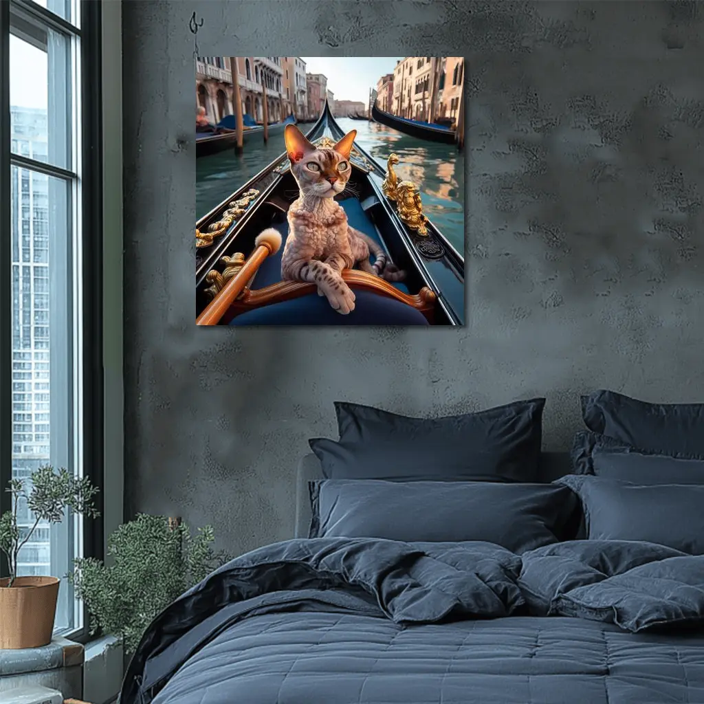 Devon Rex Cat Riding Venice Gondola Canal – Wall Art