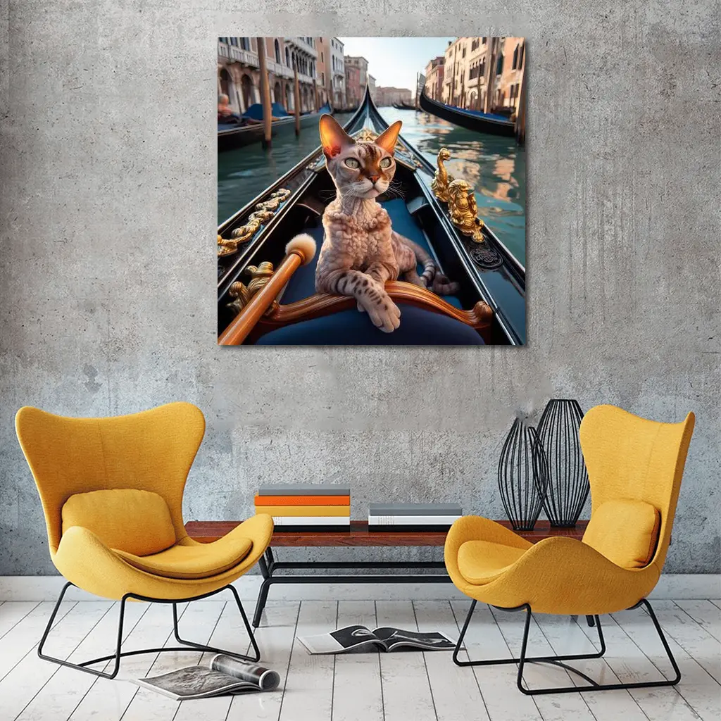 Devon Rex Cat Riding Venice Gondola Canal – Wall Art