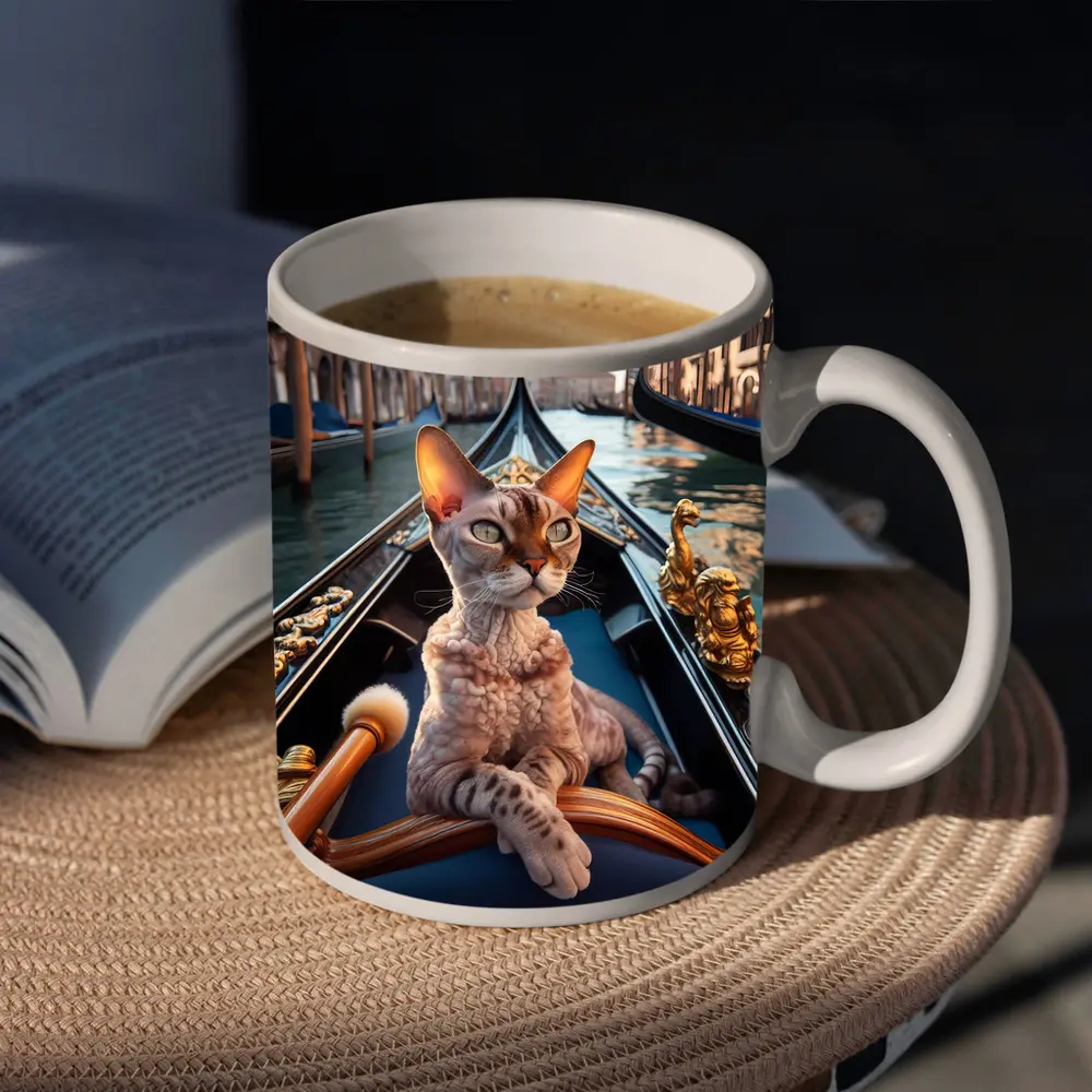 Devon Rex Cat Riding Venice Gondola Canal – Mugs