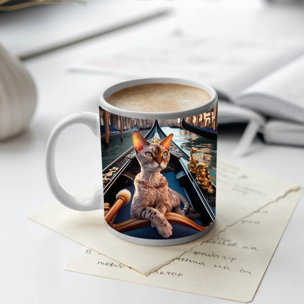 Devon Rex Cat Riding Venice Gondola Canal – Mugs