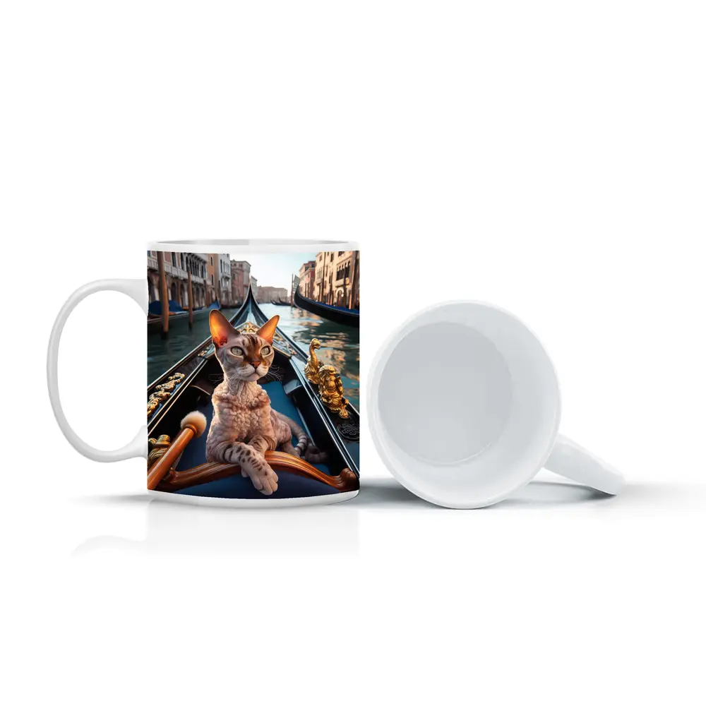 Devon Rex Cat Riding Venice Gondola Canal – Mugs