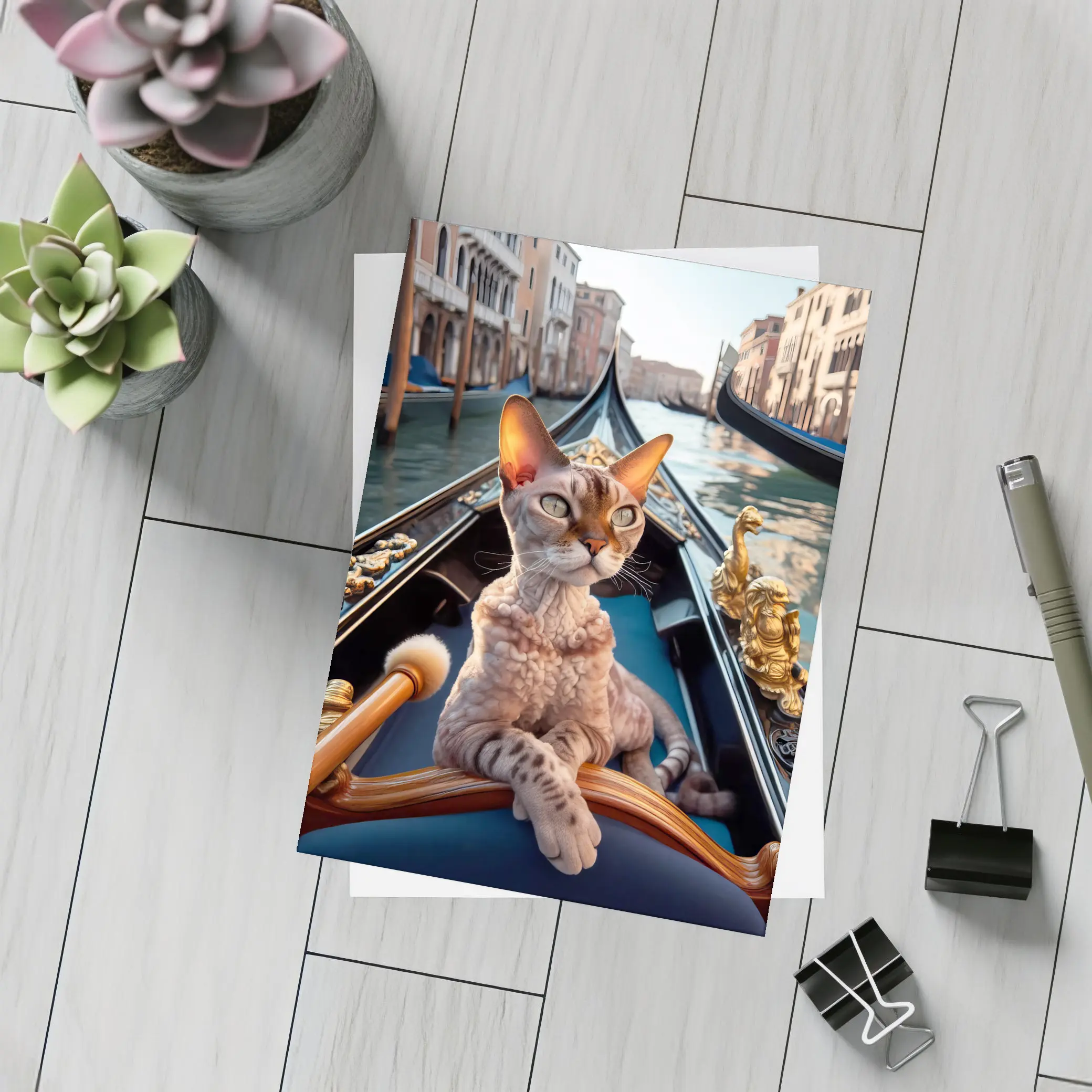 Devon Rex Cat Riding Venice Gondola Canal – Postcards