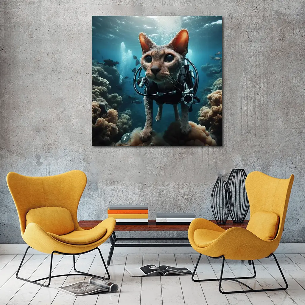 Sphynx Cat Scuba Diving Underwater Coral Reef – Wall Art