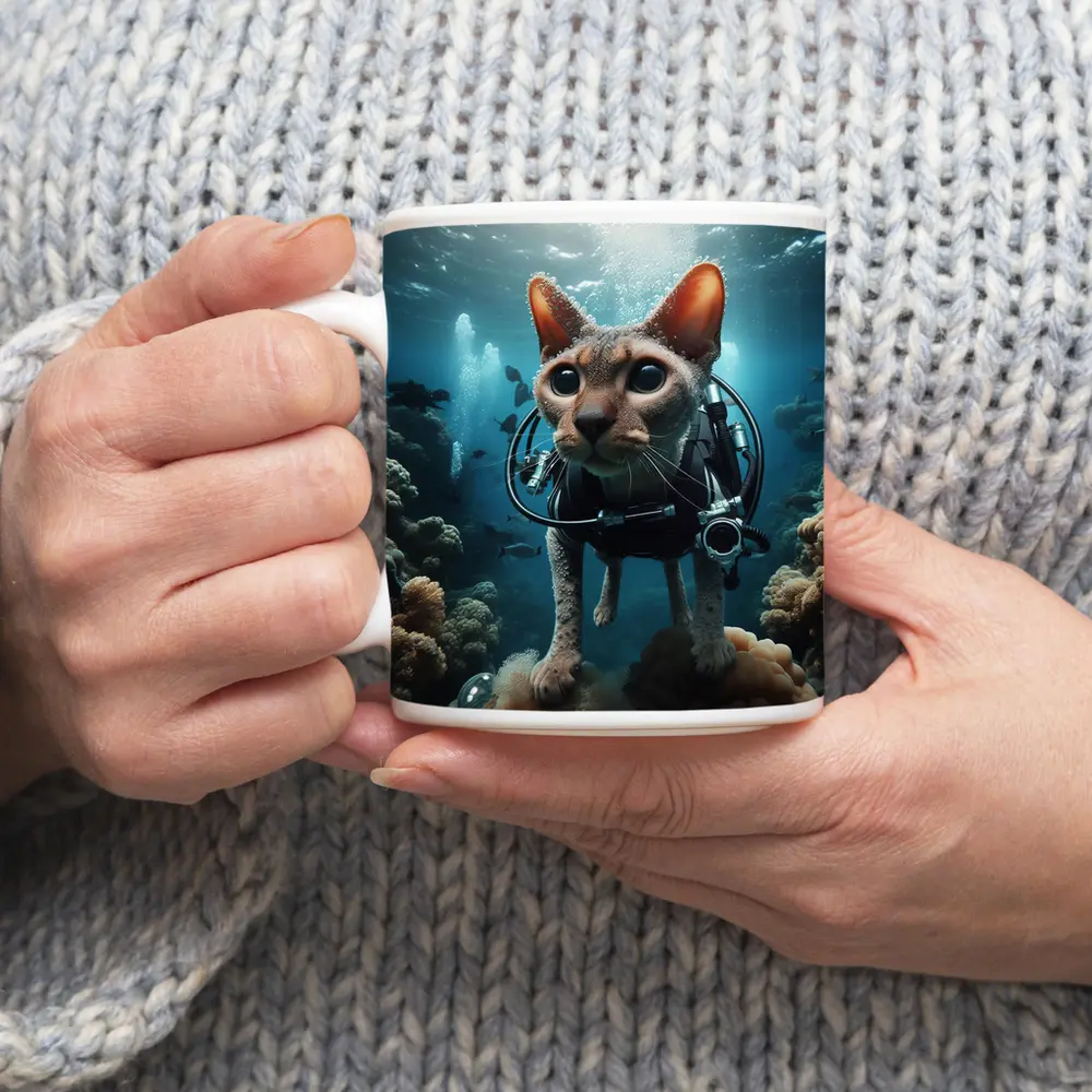Sphynx Cat Scuba Diving Underwater Coral Reef – Mugs