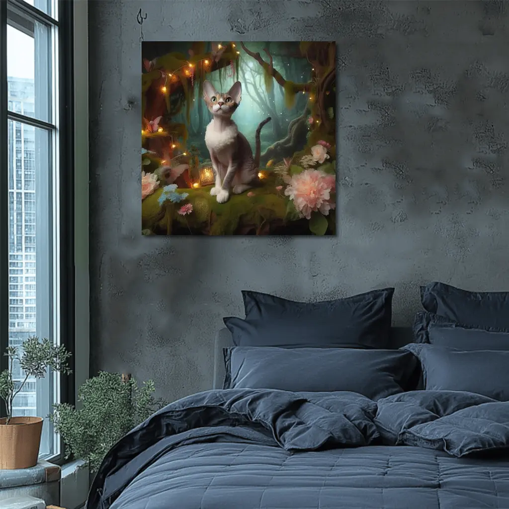 Devon Rex Cat Enchanted Forest Fairy Lights – Wall Art