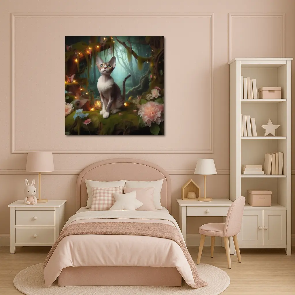 Devon Rex Cat Enchanted Forest Fairy Lights – Wall Art