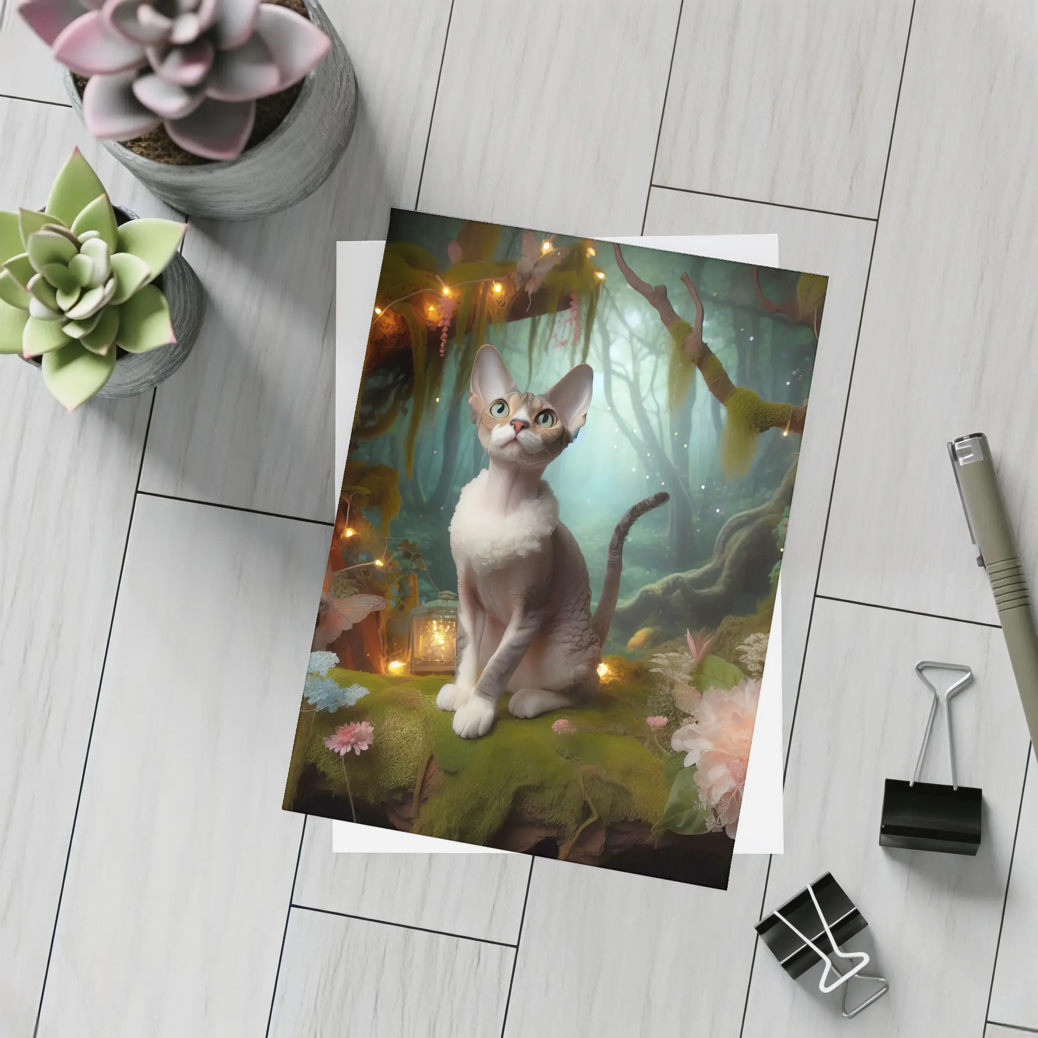 Devon Rex Cat Enchanted Forest Fairy Lights – Postcards