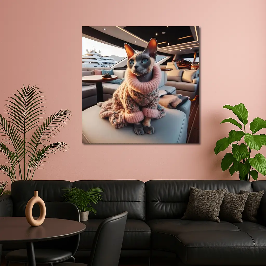 Sphynx Cat Cozy Sweater Luxury Yacht Interior – Wall Art