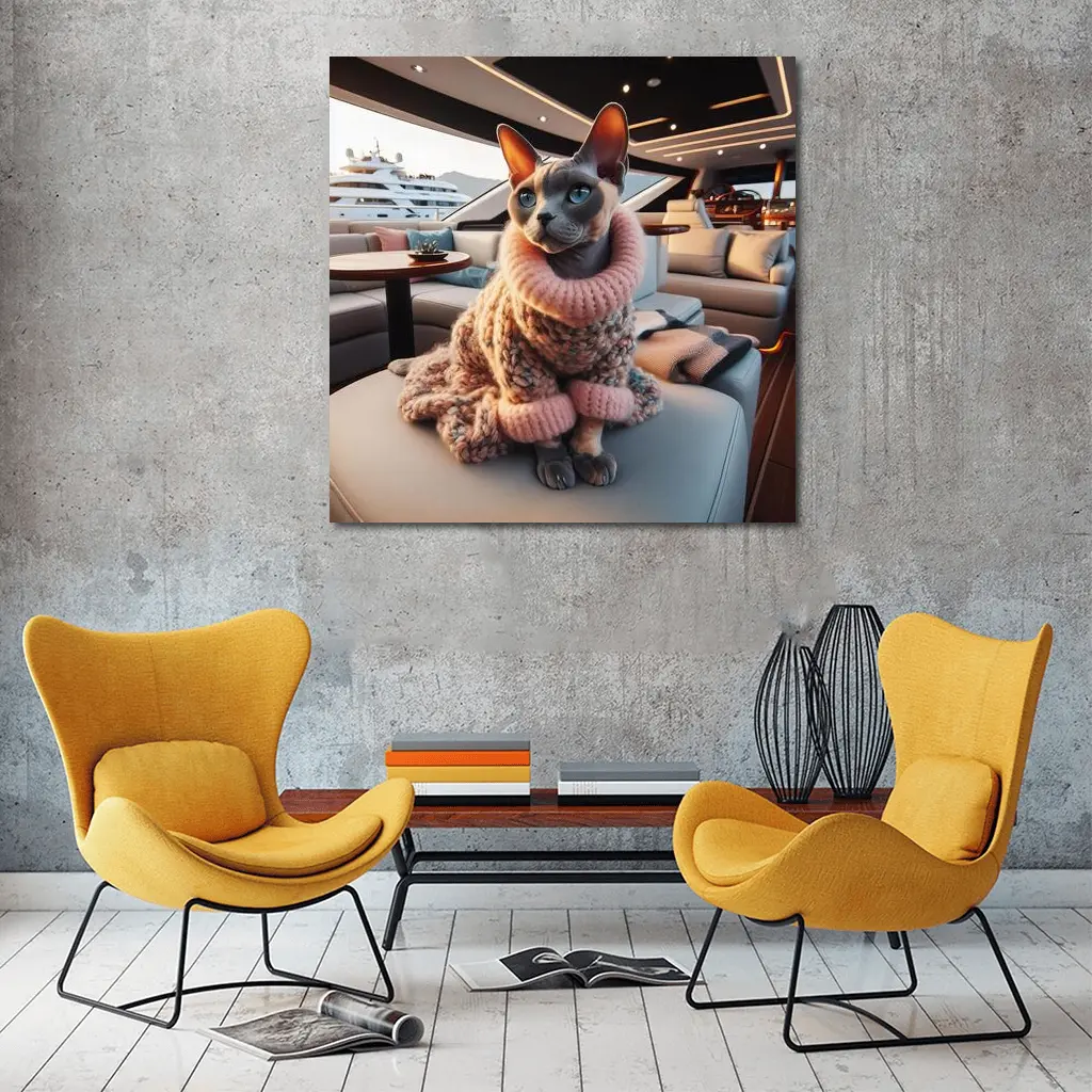 Sphynx Cat Cozy Sweater Luxury Yacht Interior – Wall Art